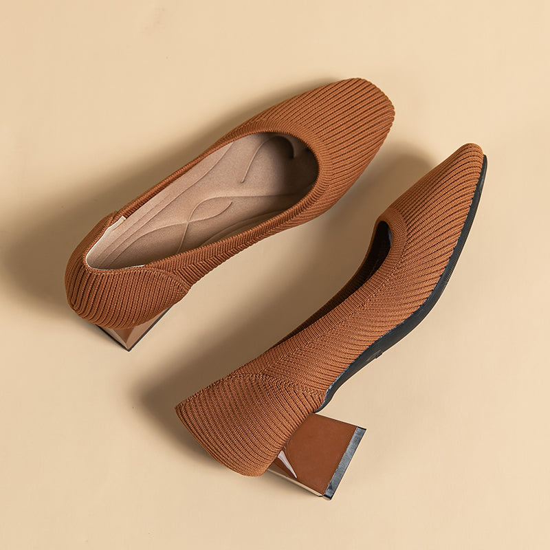 方頭王妃シューズ 太ヒールパンプス 4cmミドルヒール