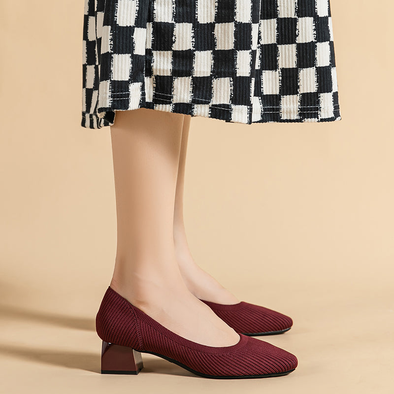 方頭王妃シューズ 太ヒールパンプス 4cmミドルヒール