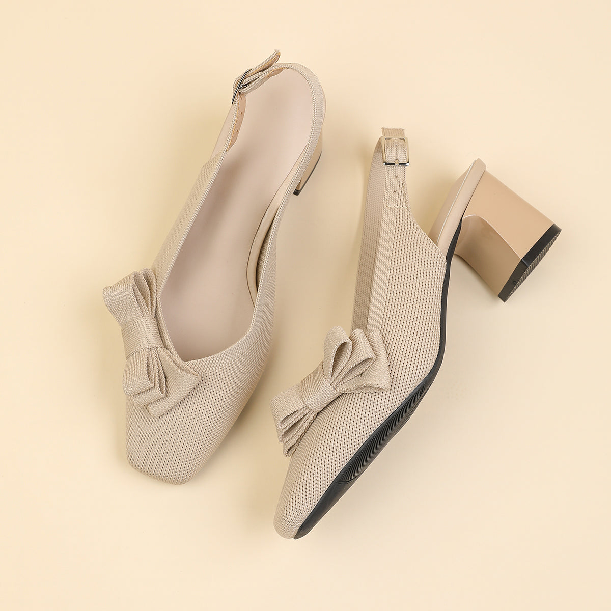 スクエアトゥ 蝶結び付き 太ヒール サンダル レディース