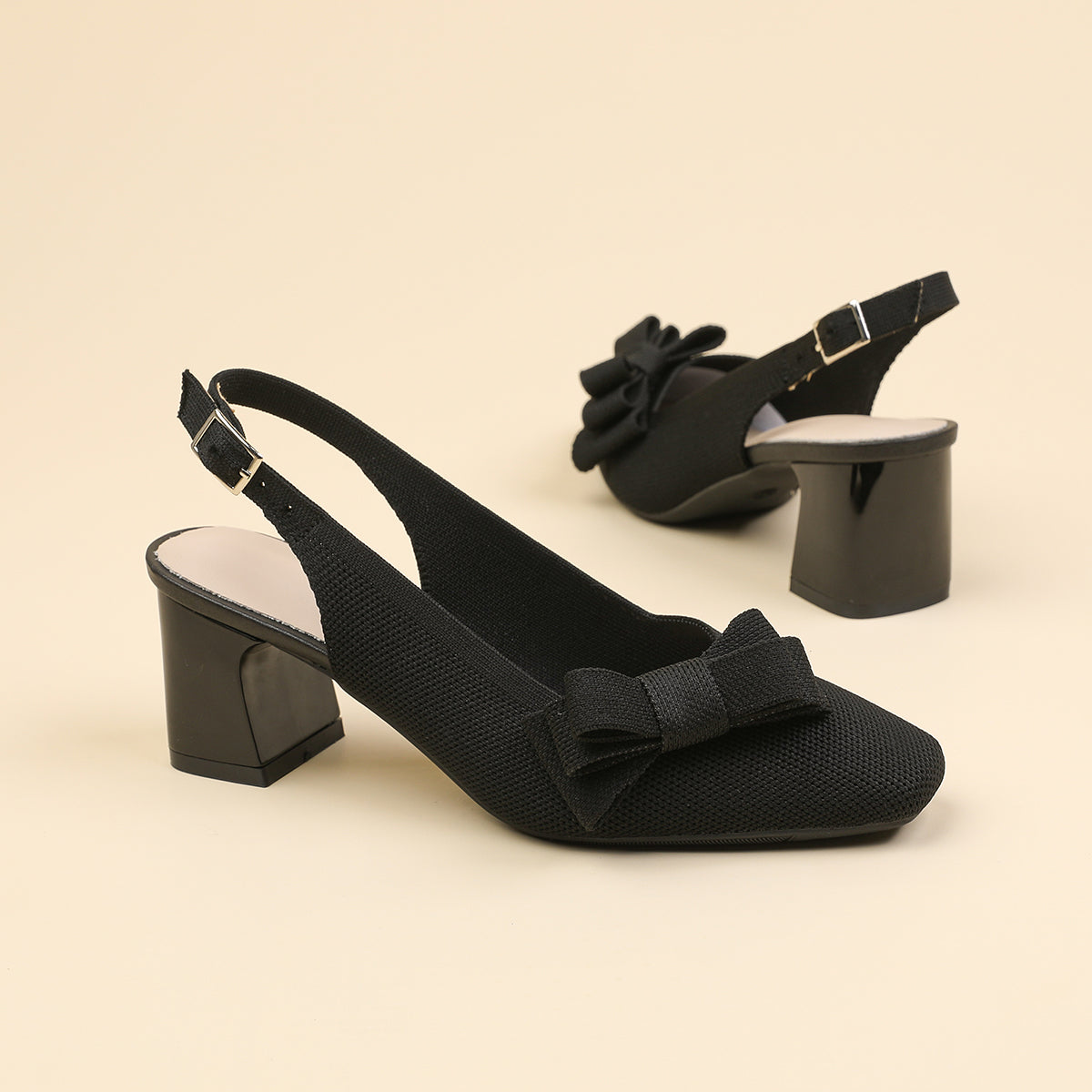 スクエアトゥ 蝶結び付き 太ヒール サンダル レディース