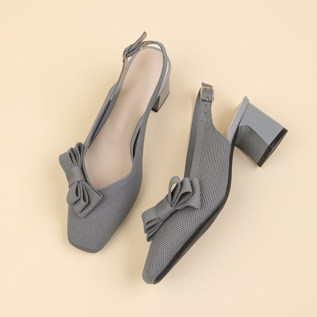 スクエアトゥ 蝶結び付き 太ヒール サンダル レディース