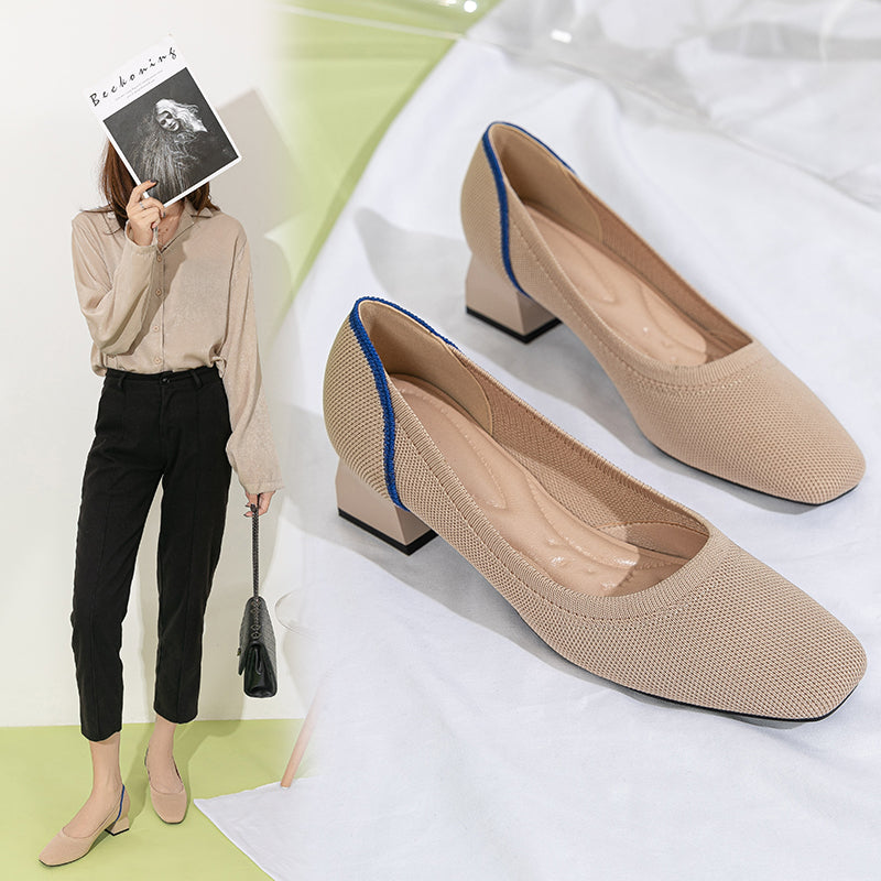 方頭王妃シューズ 太ヒールパンプス 4cmミドルヒール