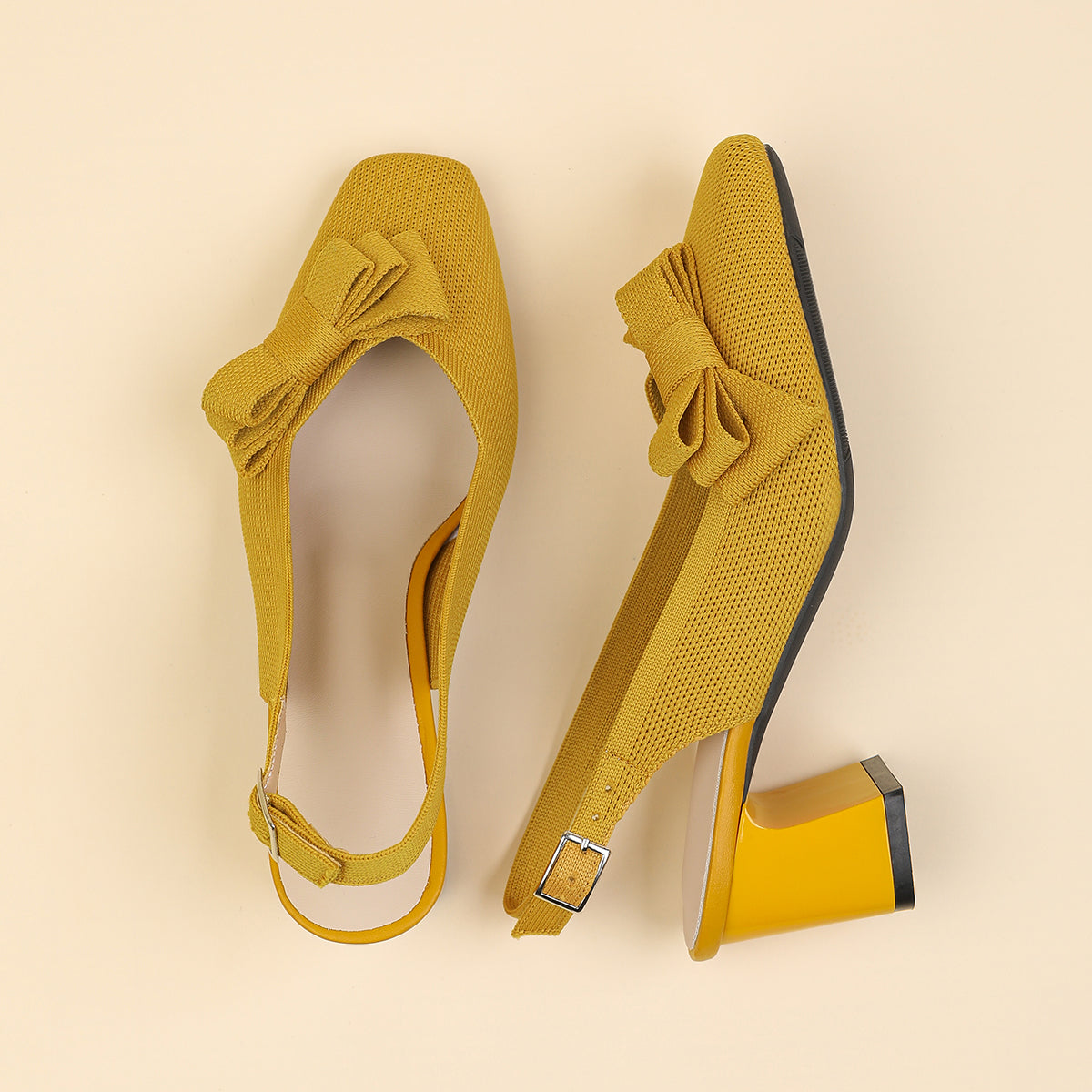 スクエアトゥ 蝶結び付き 太ヒール サンダル レディース