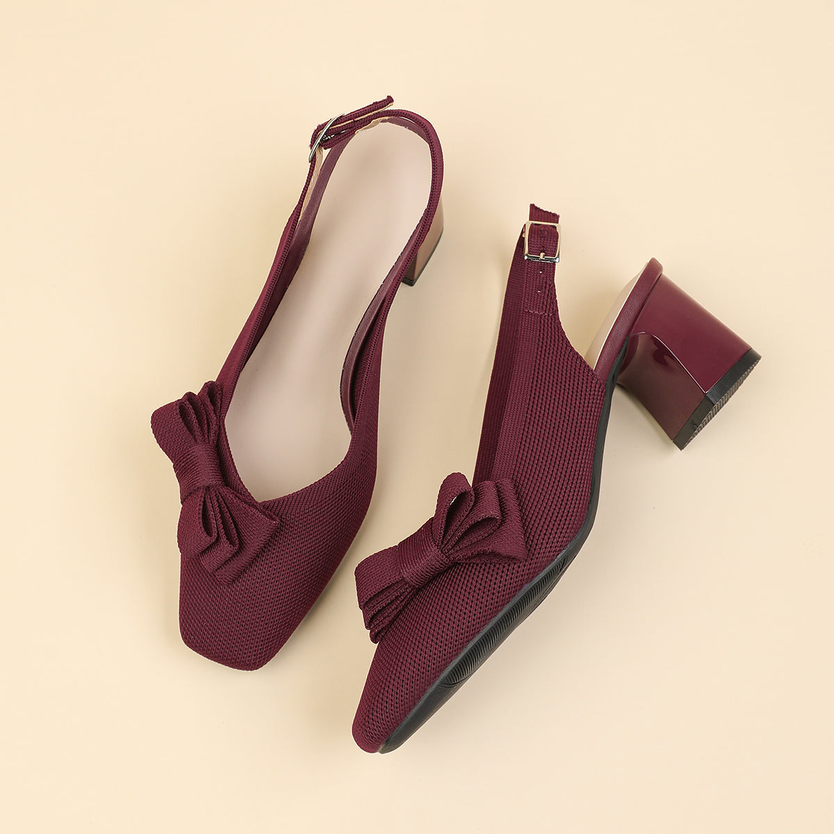 スクエアトゥ 蝶結び付き 太ヒール サンダル レディース