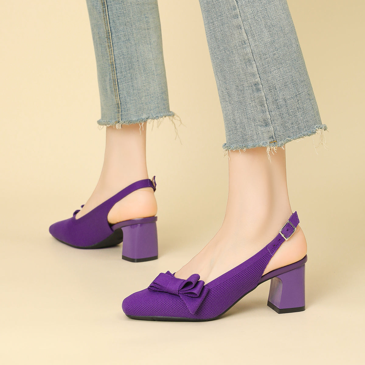 スクエアトゥ 蝶結び付き 太ヒール サンダル レディース