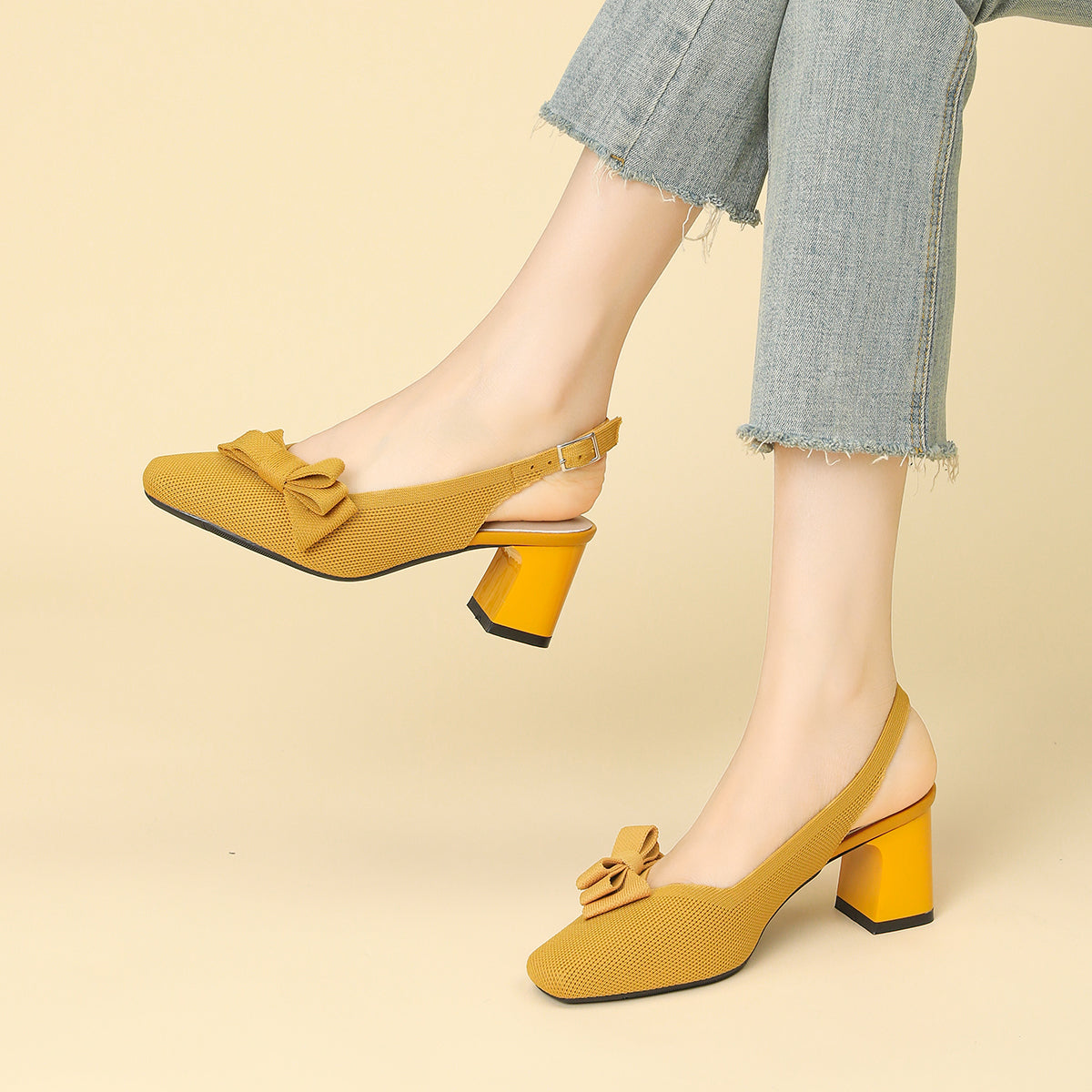 スクエアトゥ 蝶結び付き 太ヒール サンダル レディース