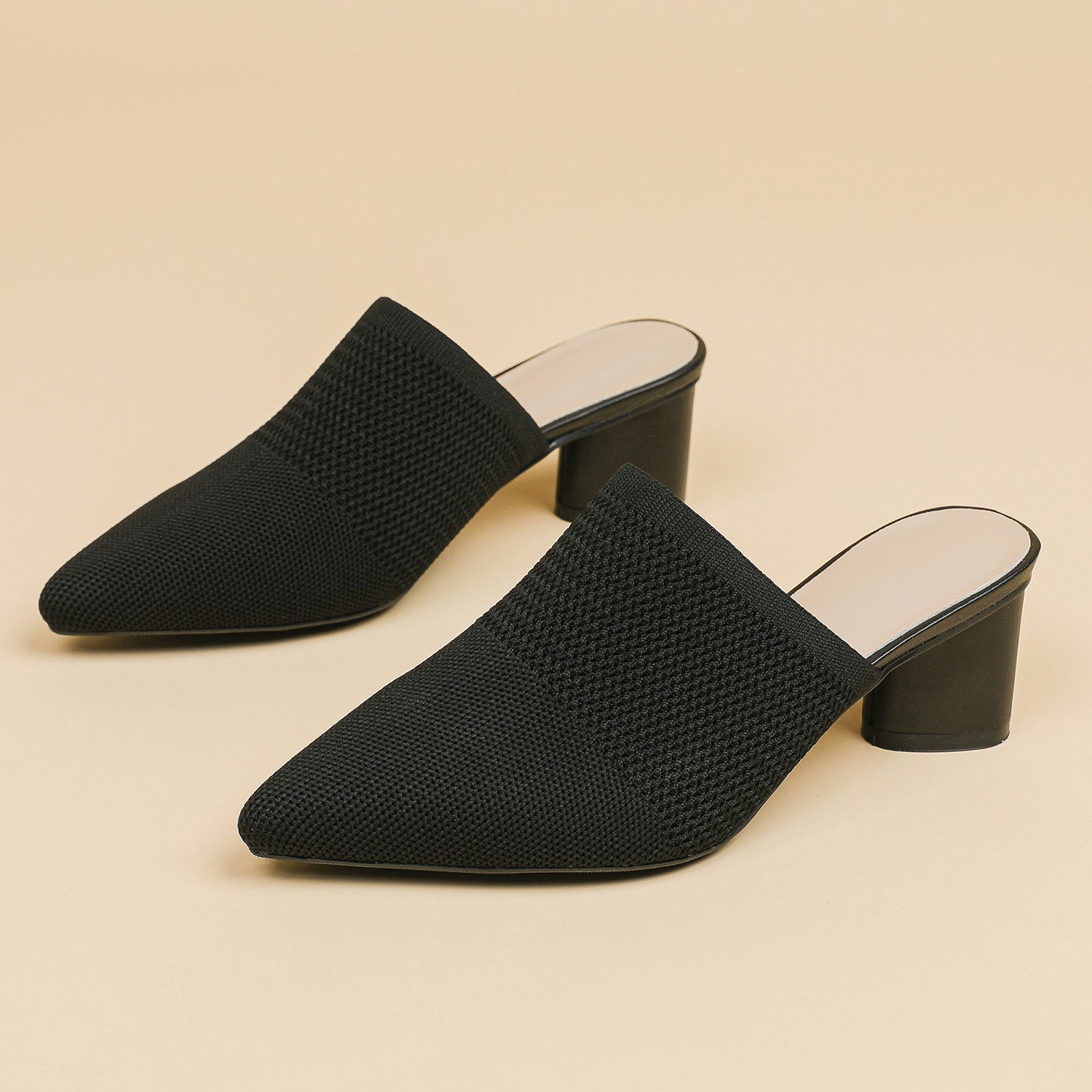 レディース 深口ポインテッドトゥ ミュールサンダル チャンキーヒール