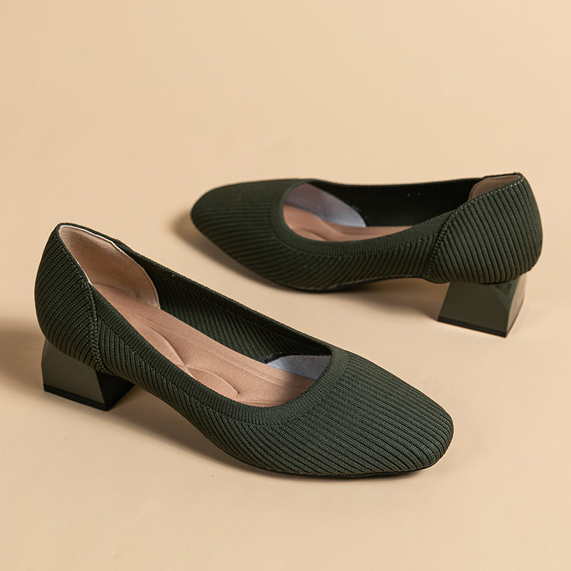 方頭王妃シューズ 太ヒールパンプス 4cmミドルヒール