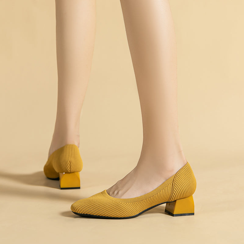 方頭王妃シューズ 太ヒールパンプス 4cmミドルヒール