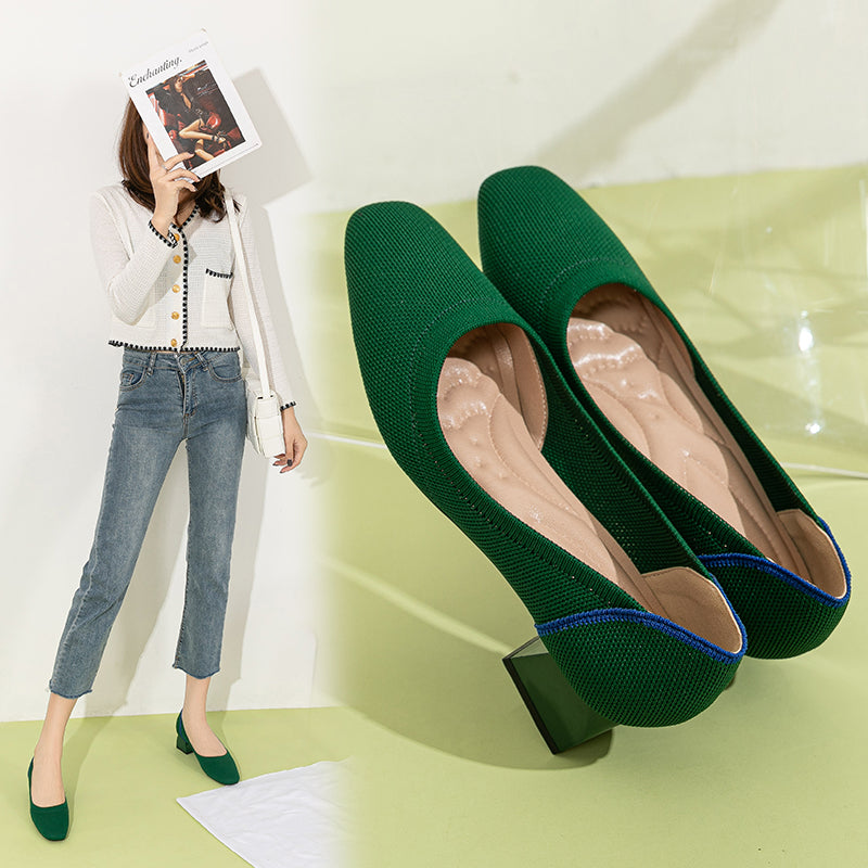 方頭王妃シューズ 太ヒールパンプス 4cmミドルヒール