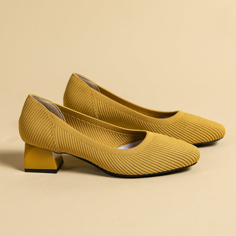 方頭王妃シューズ 太ヒールパンプス 4cmミドルヒール