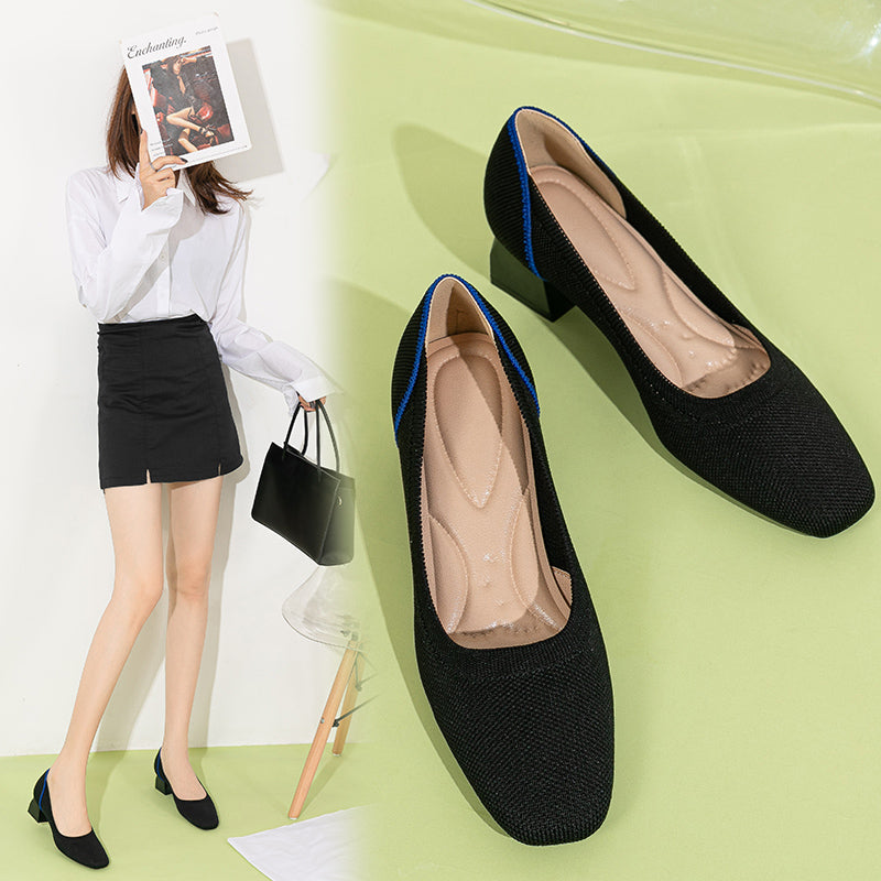 方頭王妃シューズ 太ヒールパンプス 4cmミドルヒール