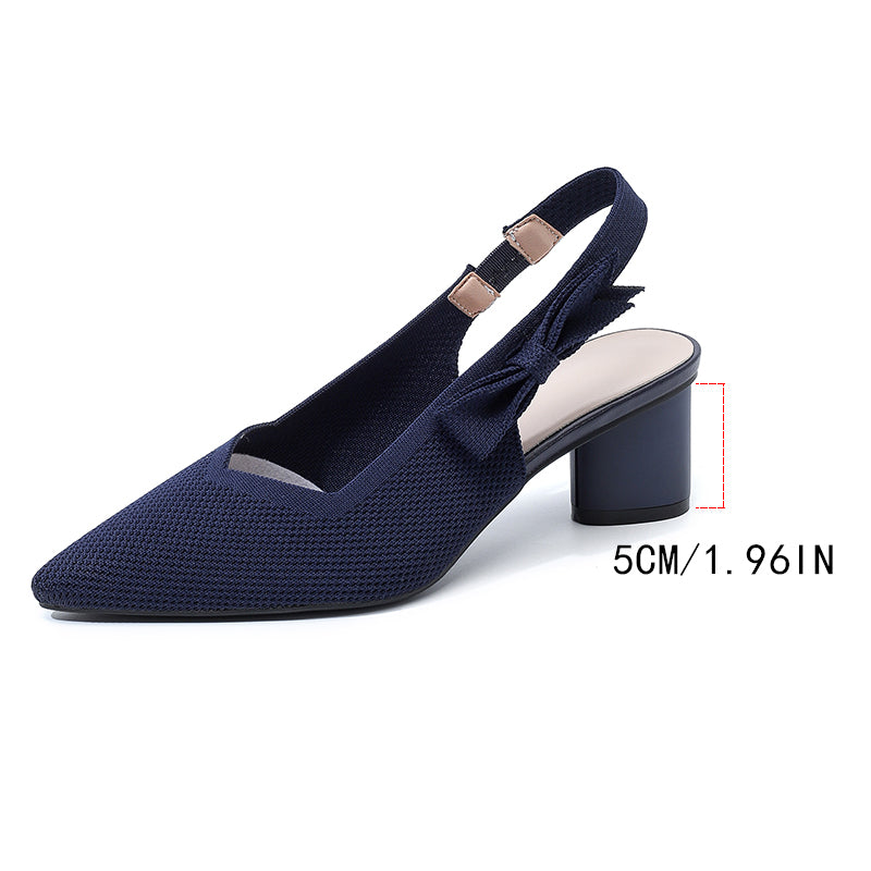 上品な尖頭デザインの後ろリボン付き太ヒールサンダル