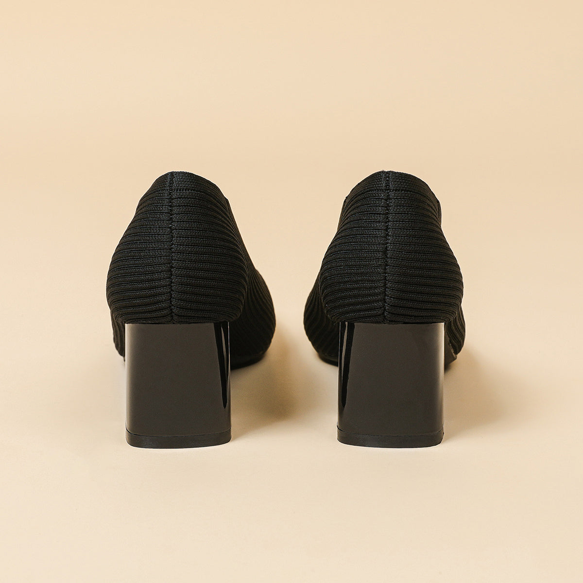 スクエアトゥVカット粗ヒールパンプス(6cmハイヒール)