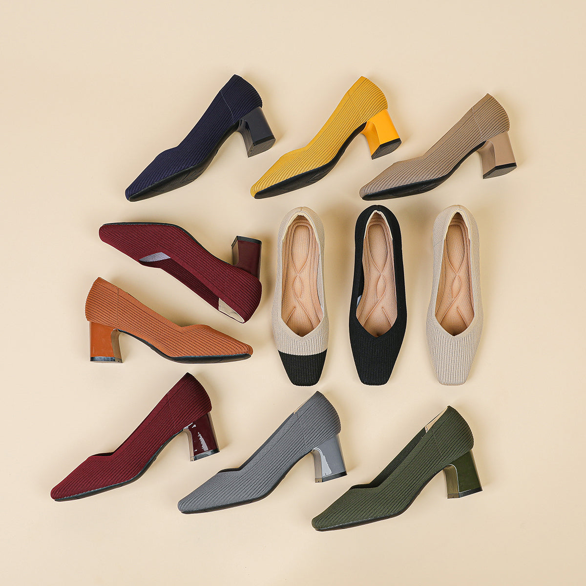 スクエアトゥVカット粗ヒールパンプス(6cmハイヒール)