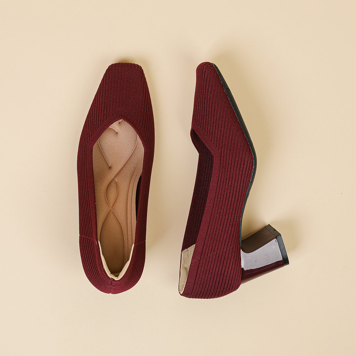 スクエアトゥVカット粗ヒールパンプス(6cmハイヒール)