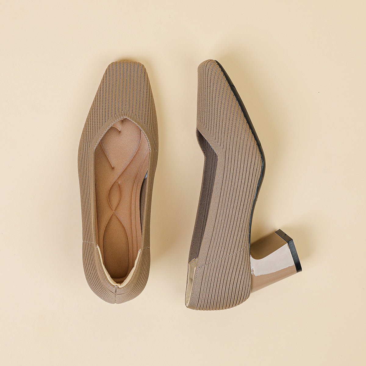 スクエアトゥVカット粗ヒールパンプス(6cmハイヒール)