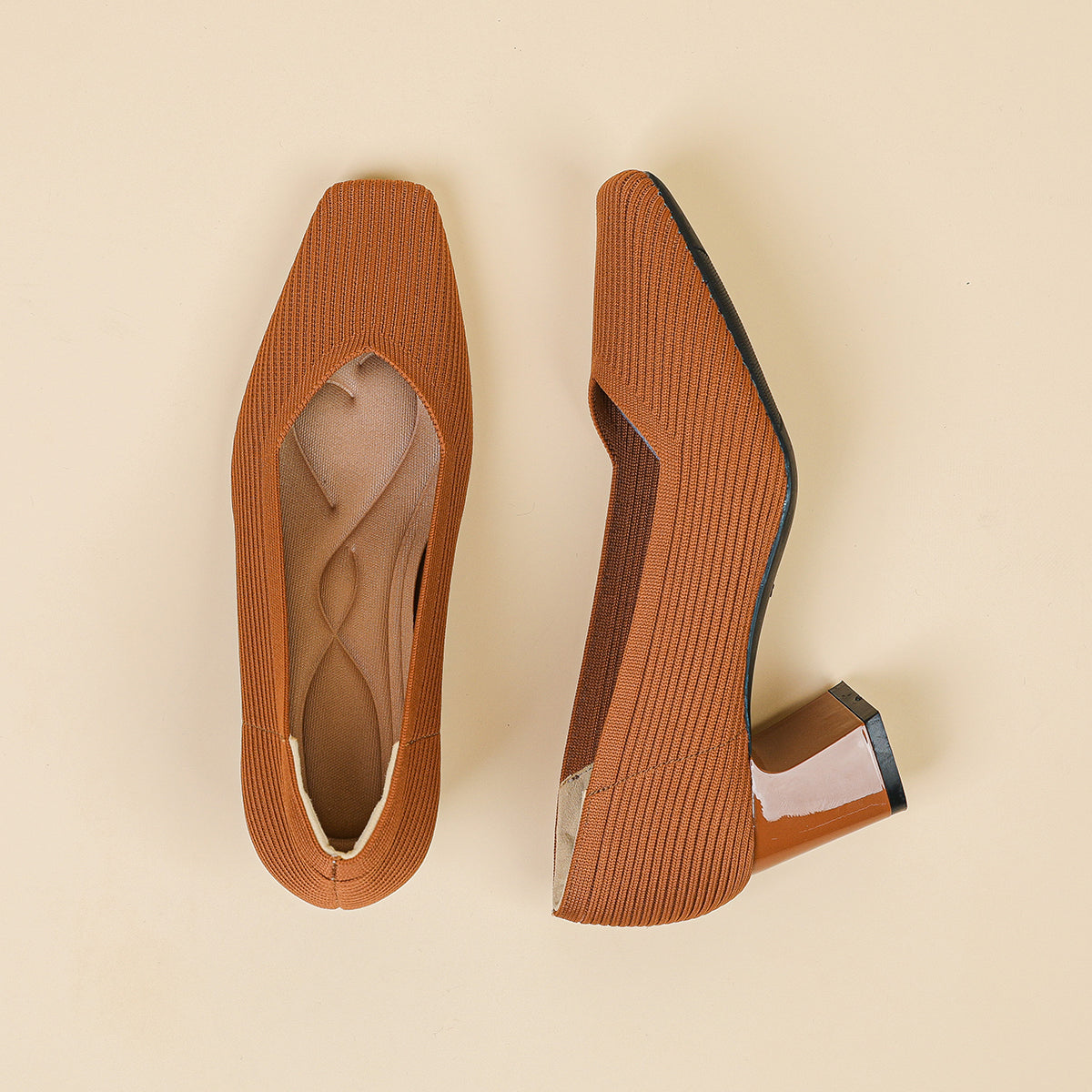 スクエアトゥVカット粗ヒールパンプス(6cmハイヒール)