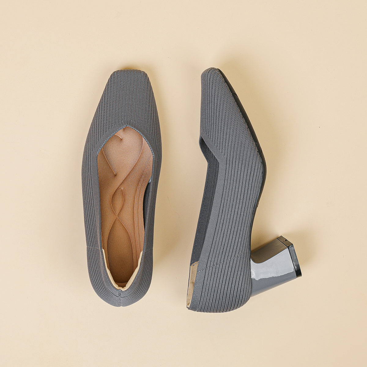 スクエアトゥVカット粗ヒールパンプス(6cmハイヒール)