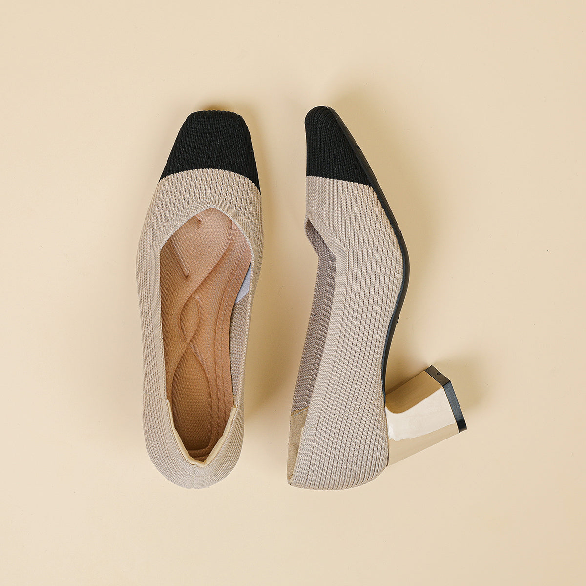 スクエアトゥVカット粗ヒールパンプス(6cmハイヒール)