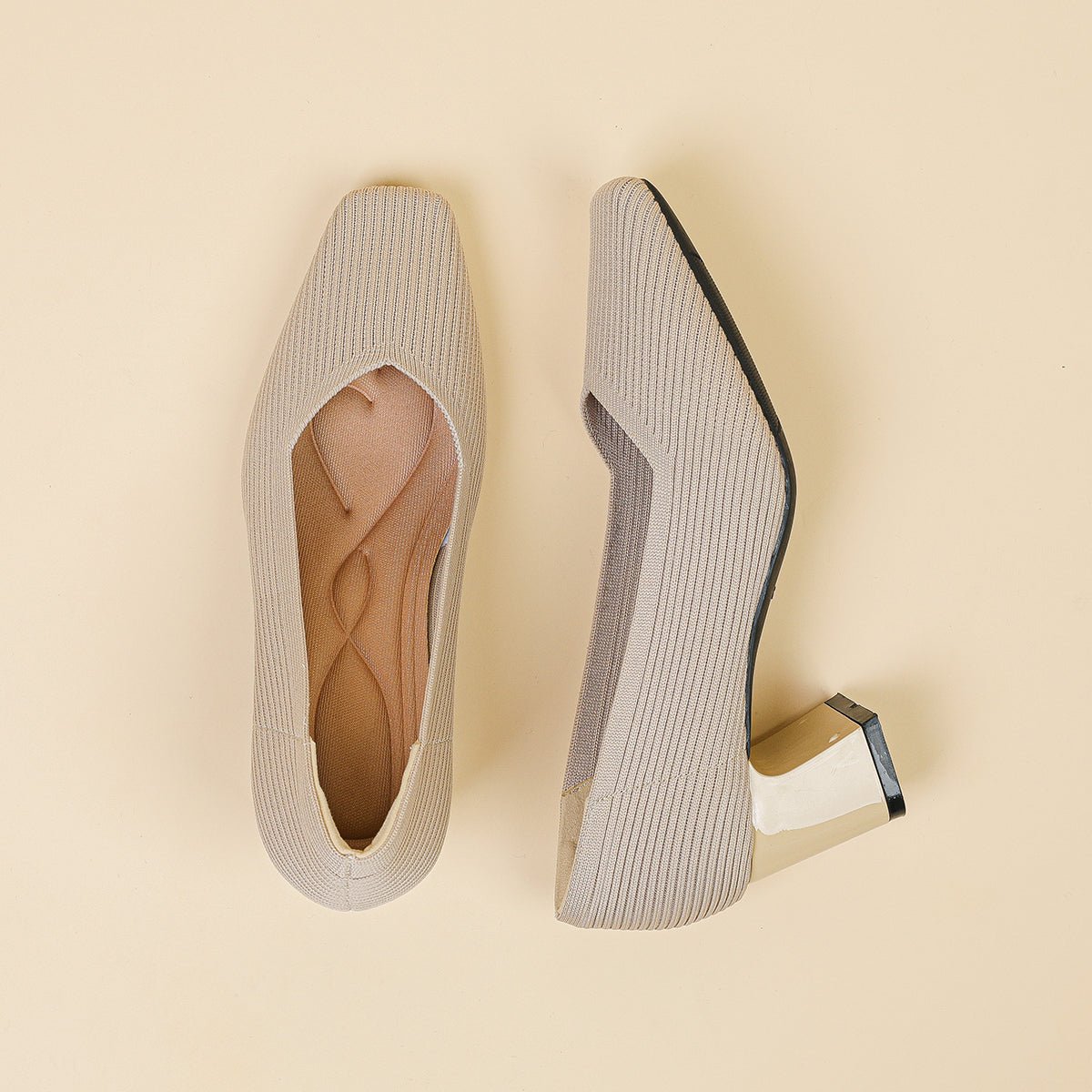 スクエアトゥVカット粗ヒールパンプス(6cmハイヒール)