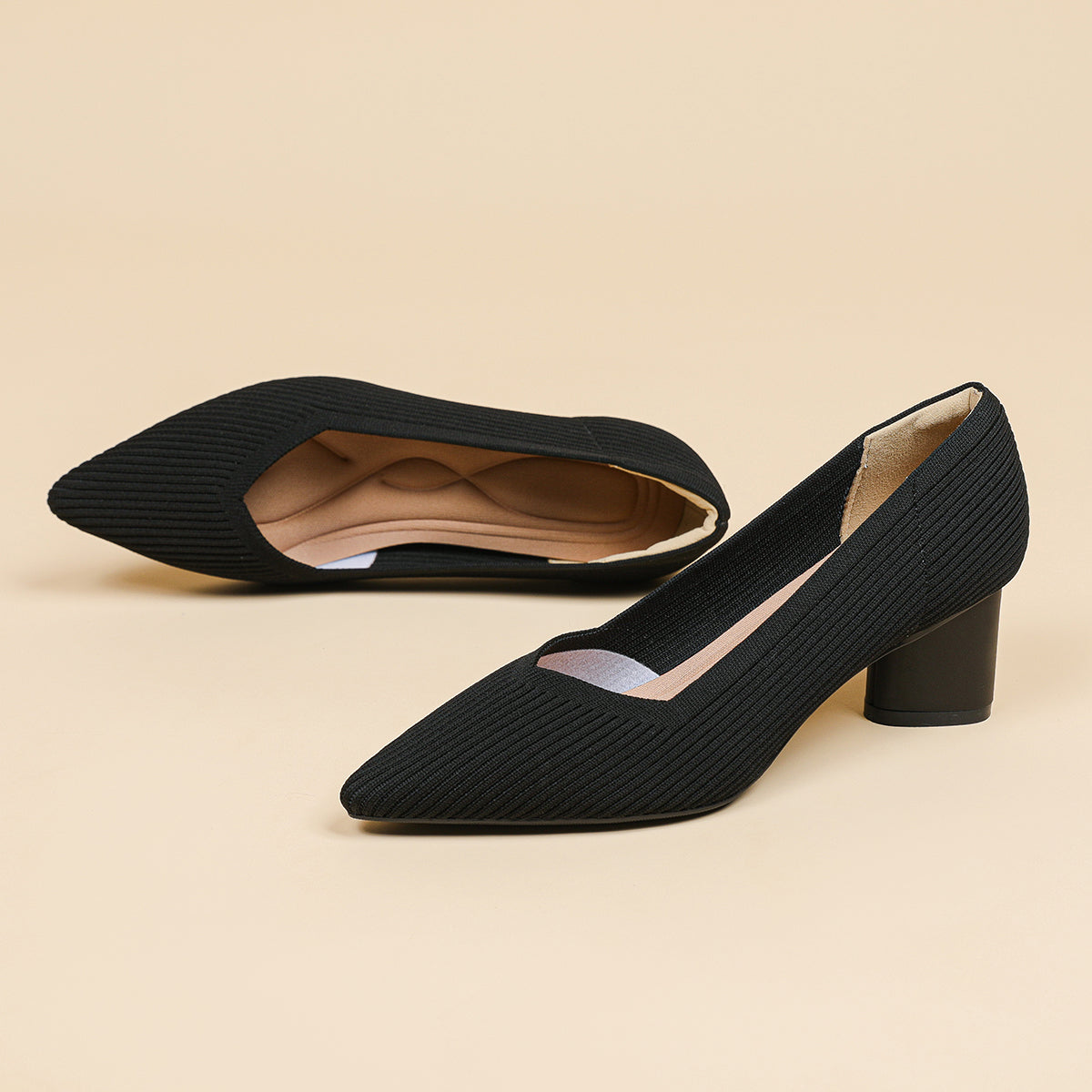 尖トゥVカット太ヒールパンプス(6cmヒール)