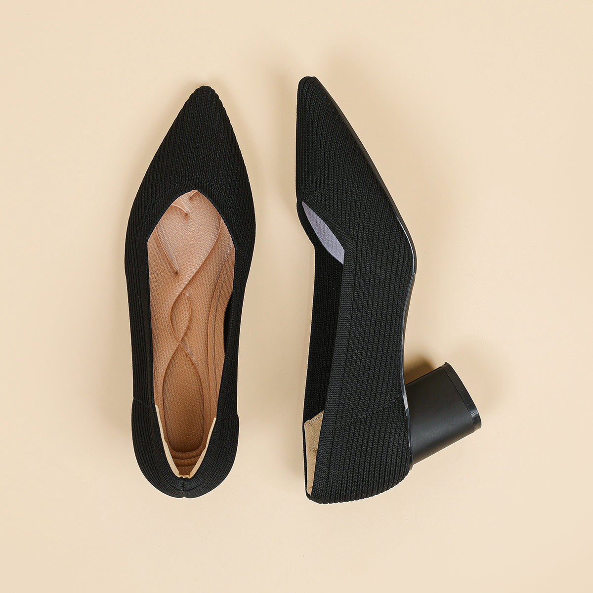 尖トゥVカット太ヒールパンプス(6cmヒール)