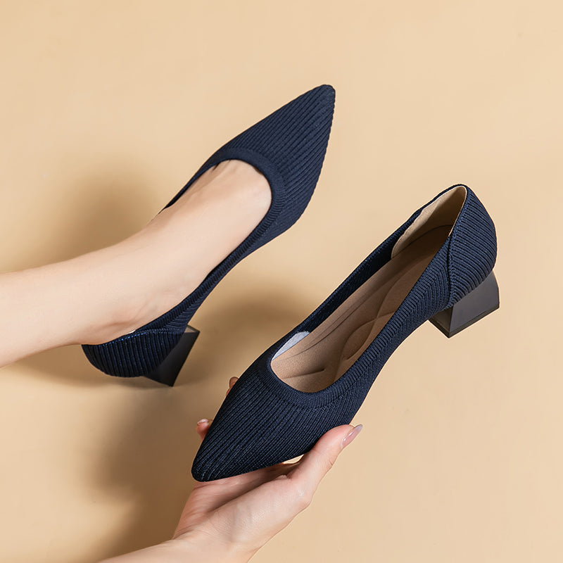 尖ったトゥの浅口粗ヒールカジュアルパンプス(中ヒール4cm)