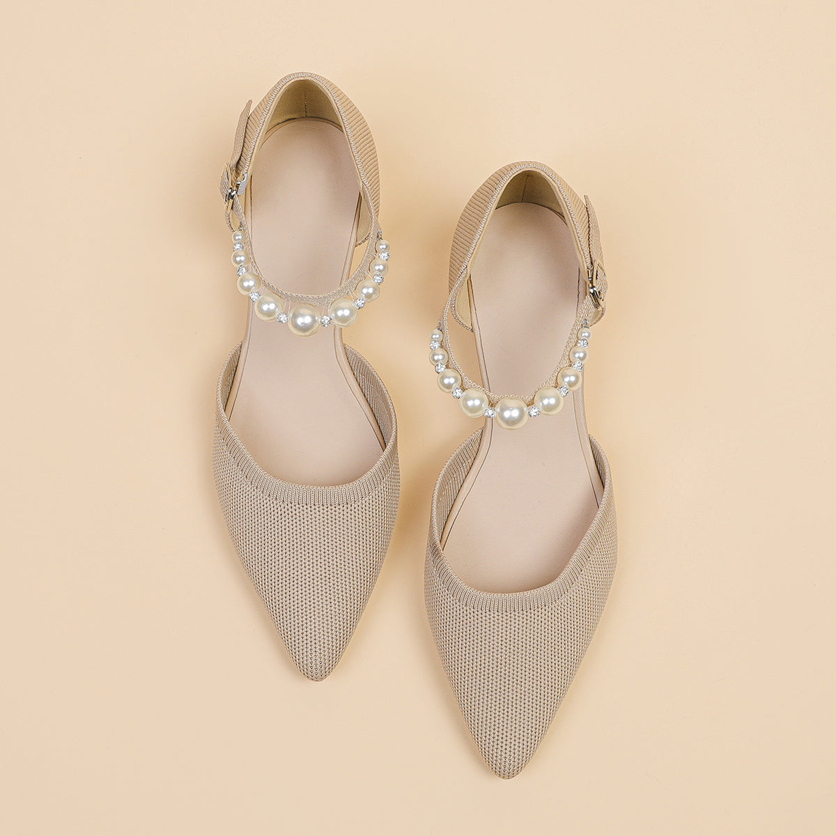 尖頭パールストラップウェッジヒールシューズ