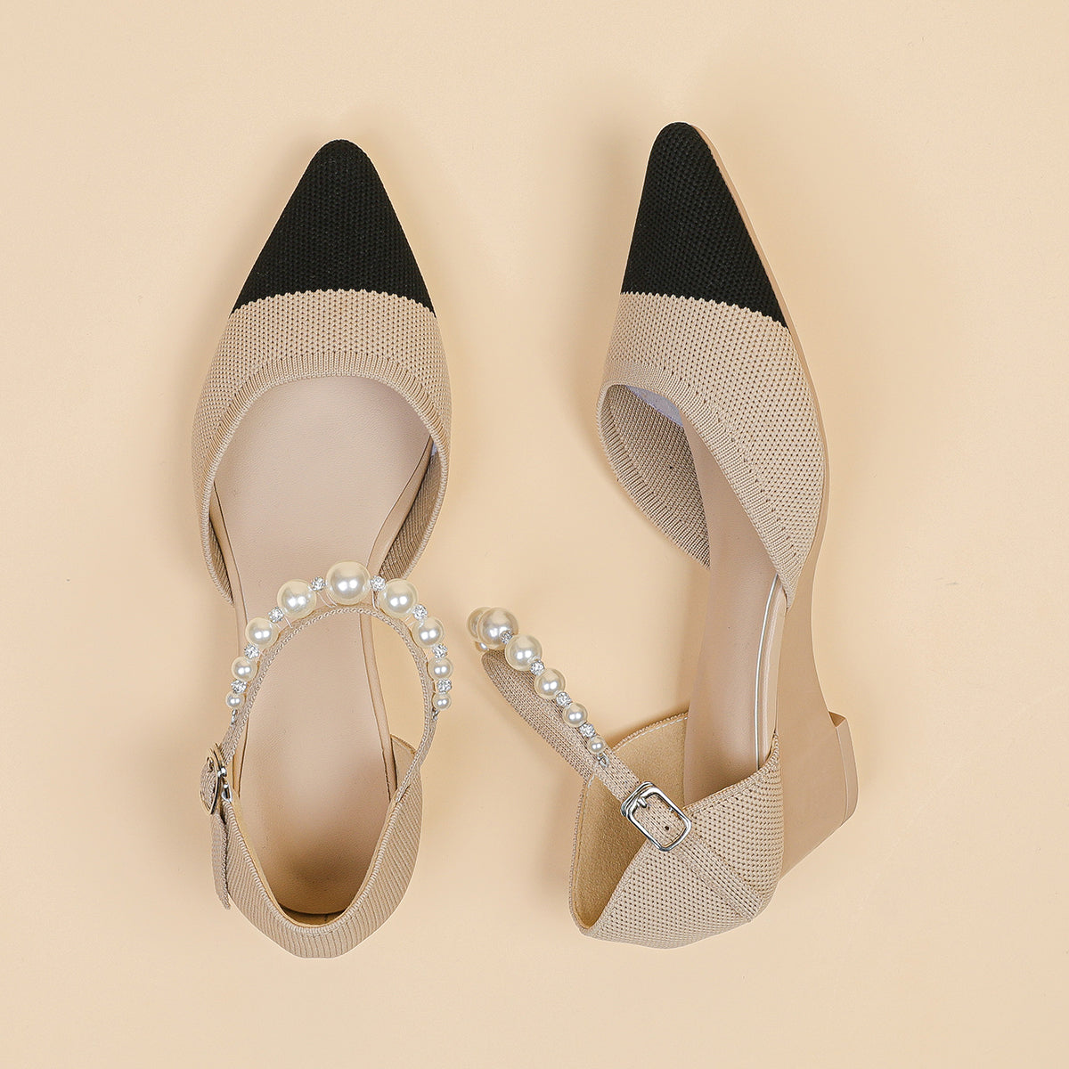 尖頭パールストラップウェッジヒールシューズ