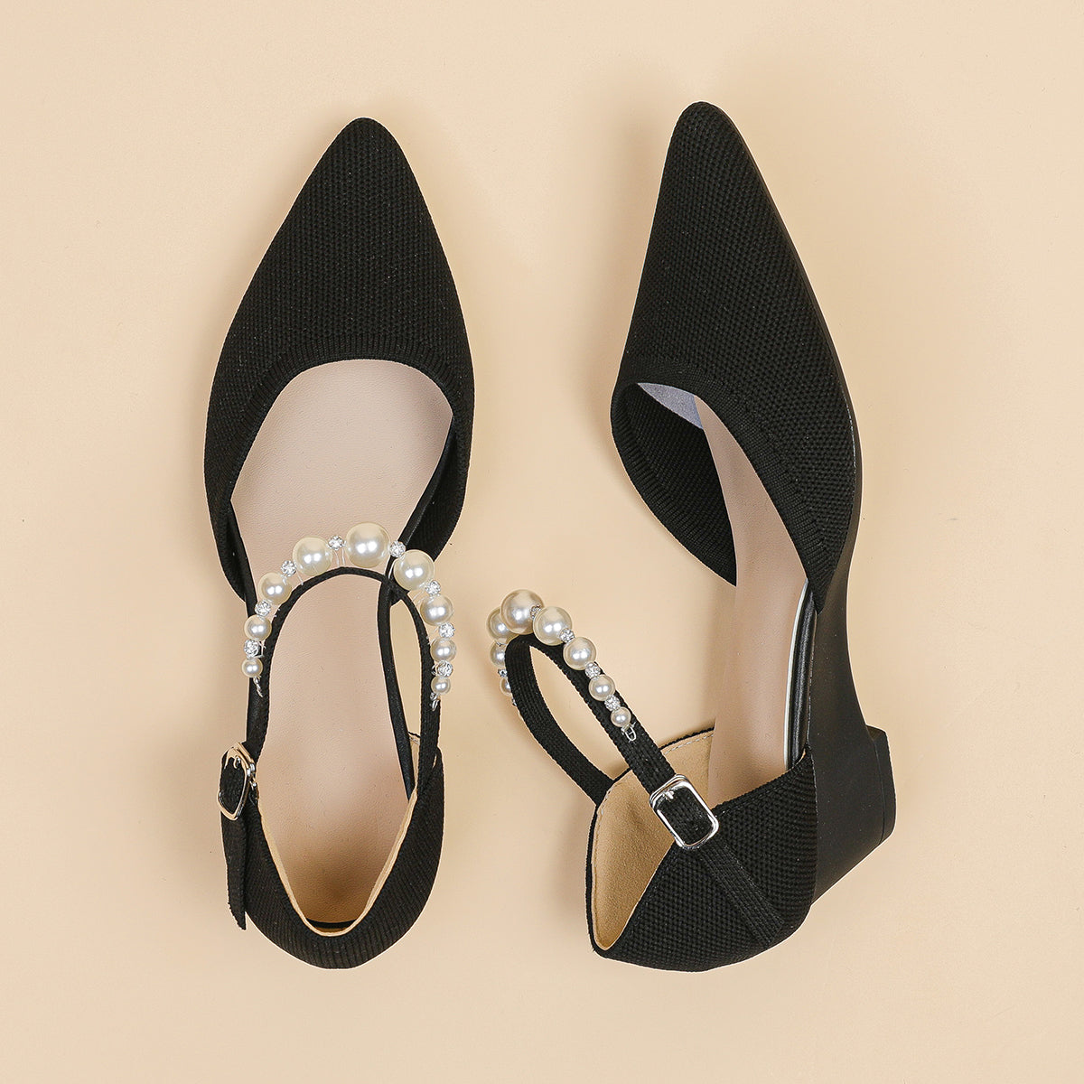 尖頭パールストラップウェッジヒールシューズ
