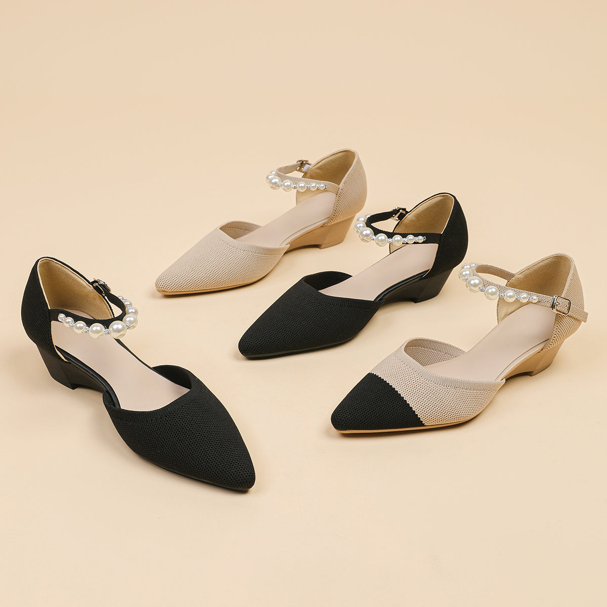 尖頭パールストラップウェッジヒールシューズ