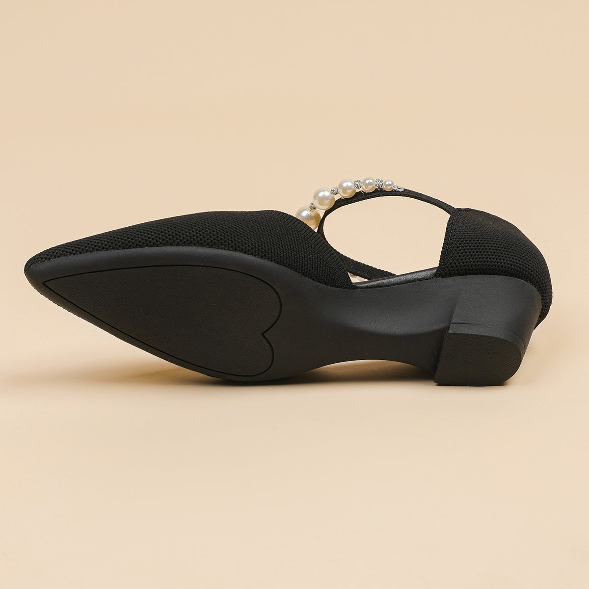 尖頭パールストラップウェッジヒールシューズ