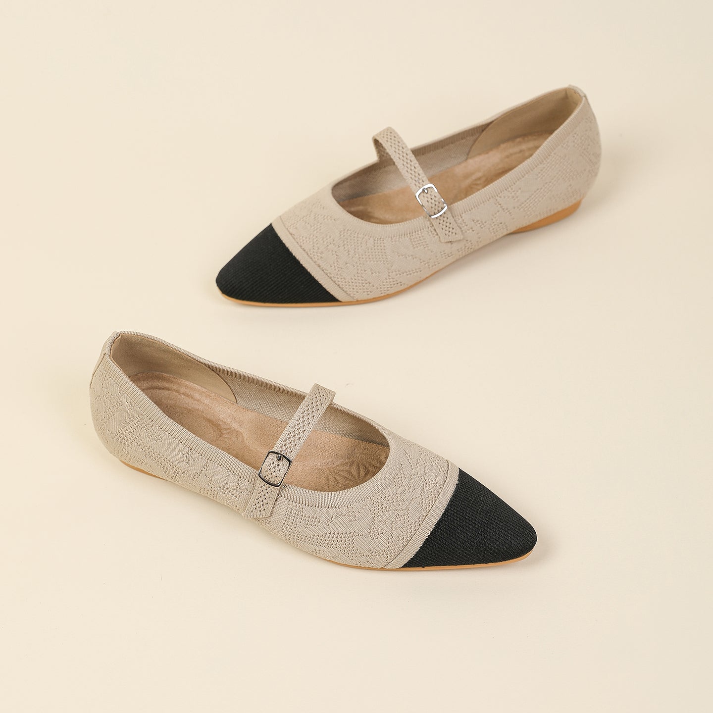 レトロニットフラットパンプス 尖頭浅口ワンストラップ