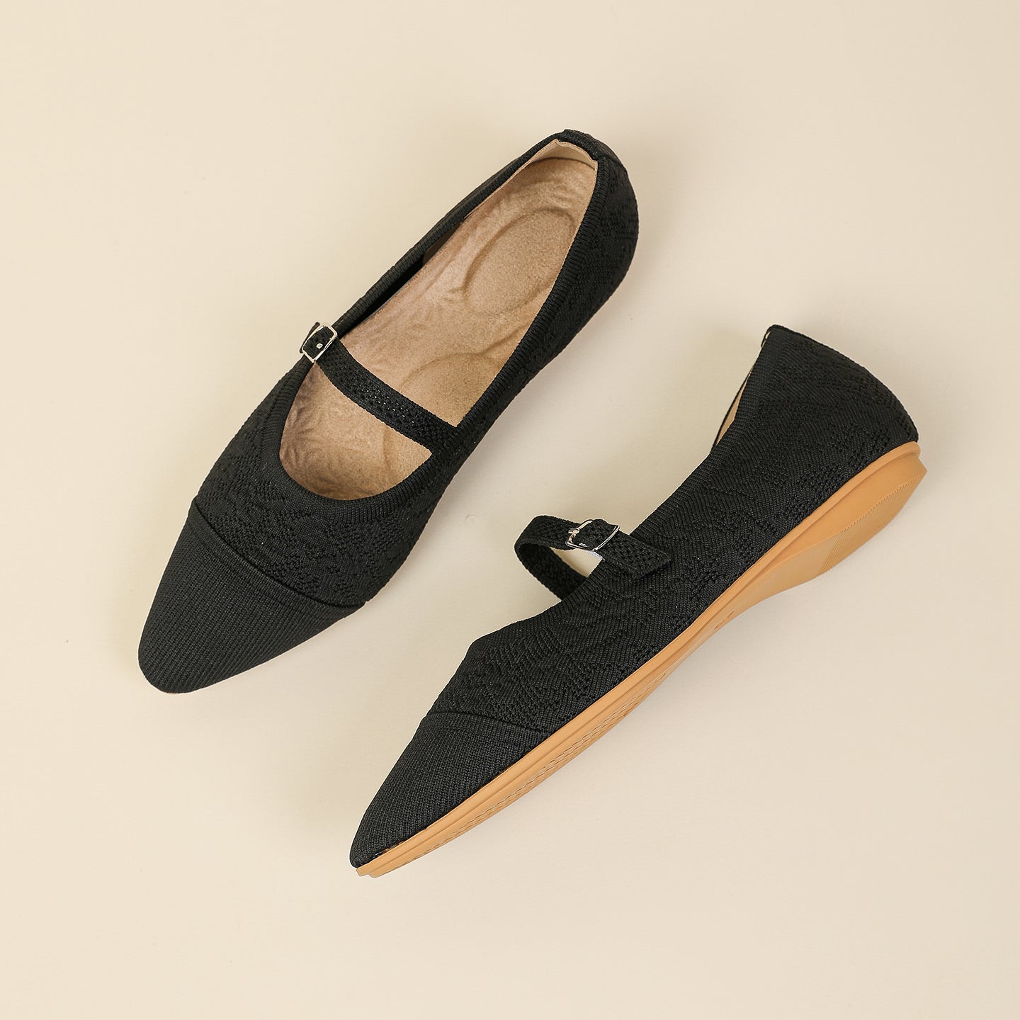 レトロニットフラットパンプス 尖頭浅口ワンストラップ