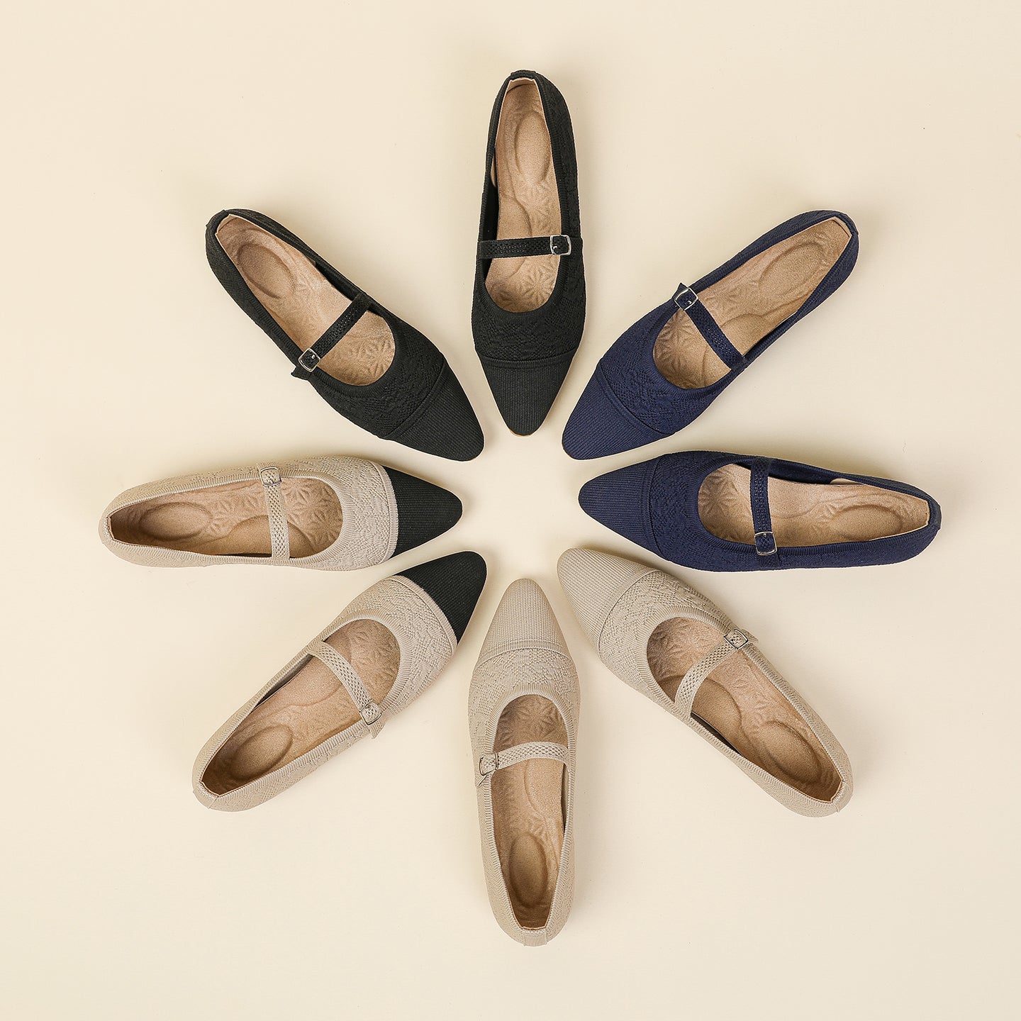 レトロニットフラットパンプス 尖頭浅口ワンストラップ