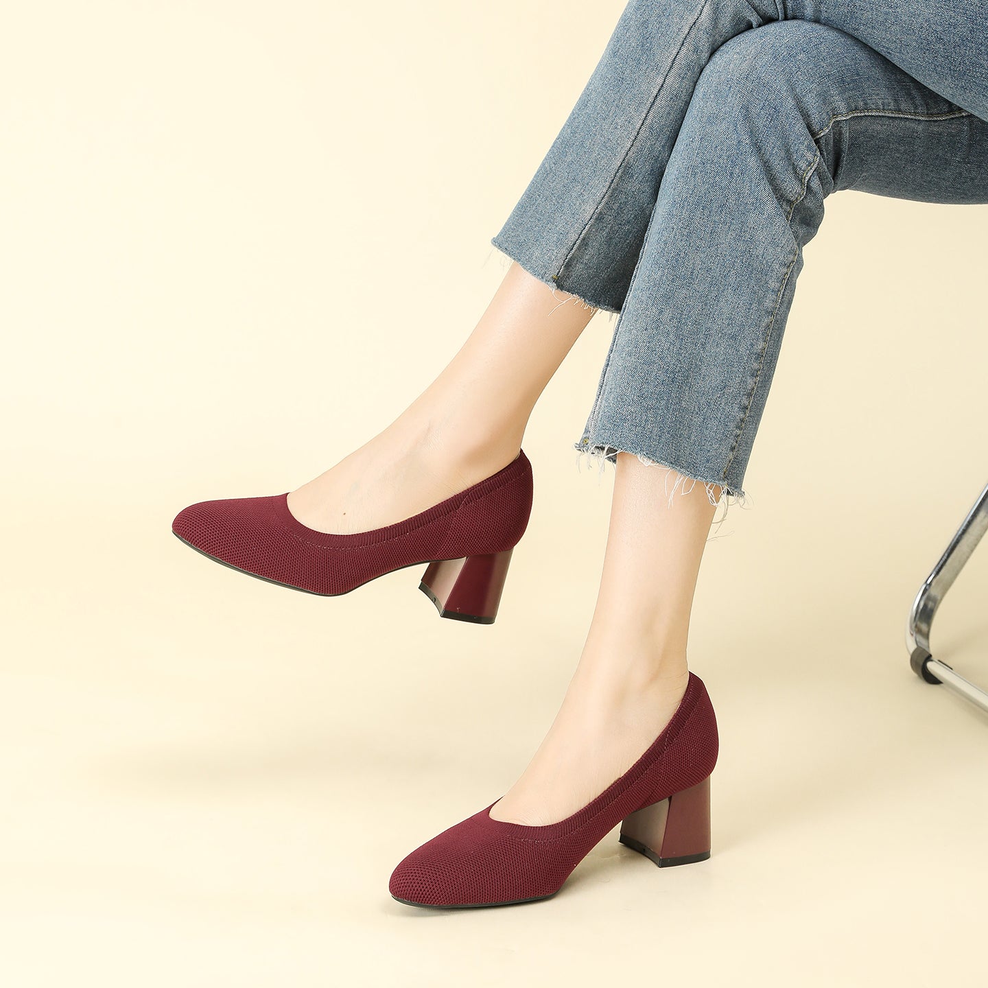 浅口ニットパンプス 5.5cmチャンキーヒール