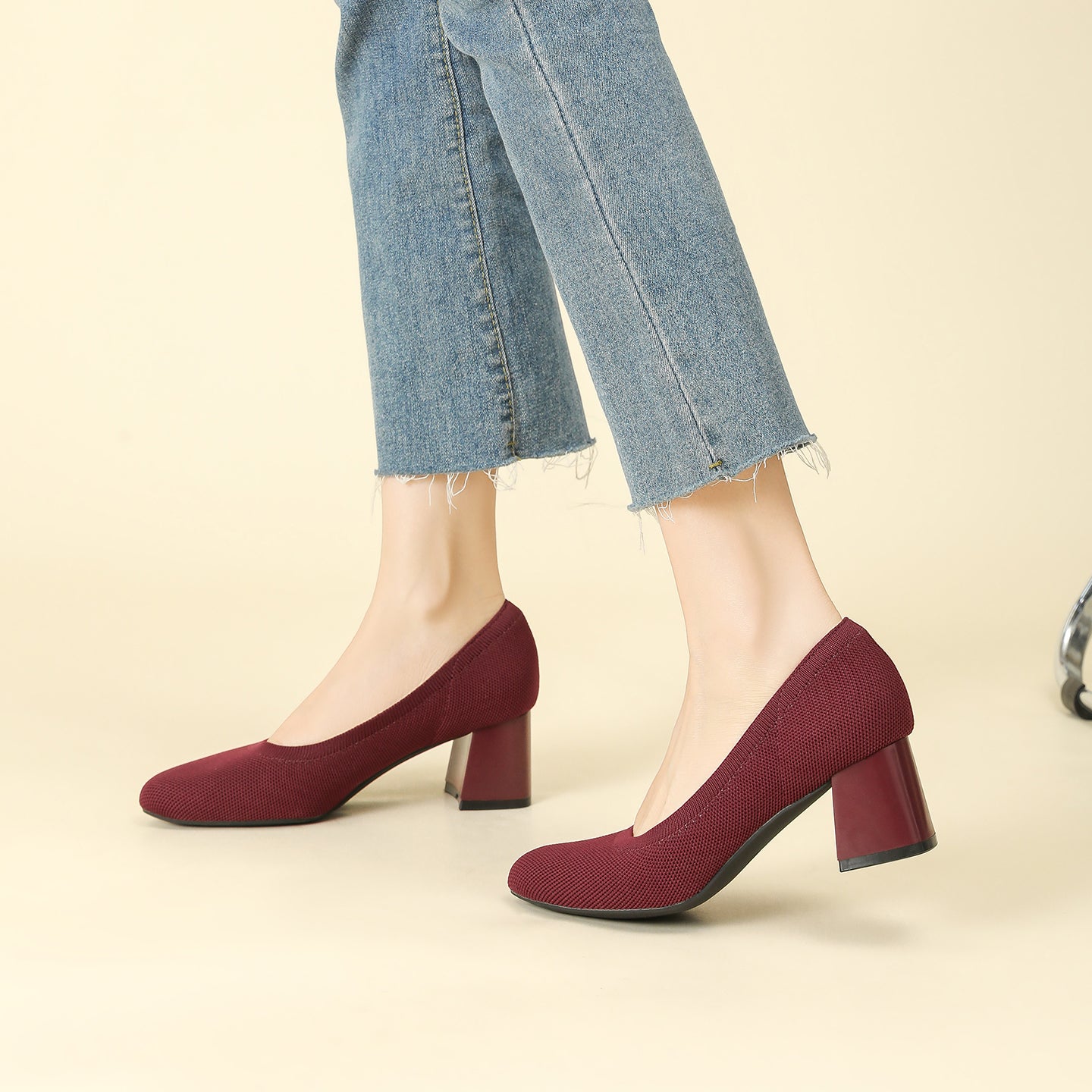 浅口ニットパンプス 5.5cmチャンキーヒール