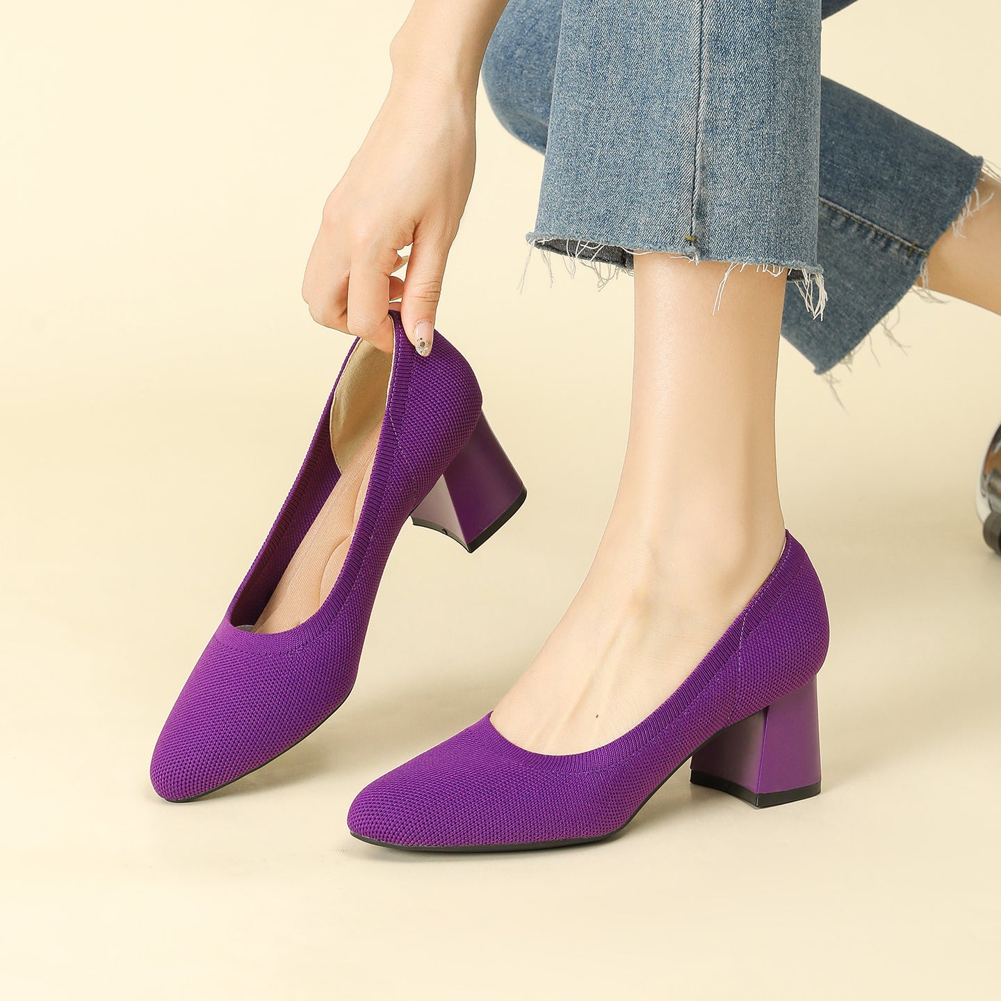 浅口ニットパンプス 5.5cmチャンキーヒール