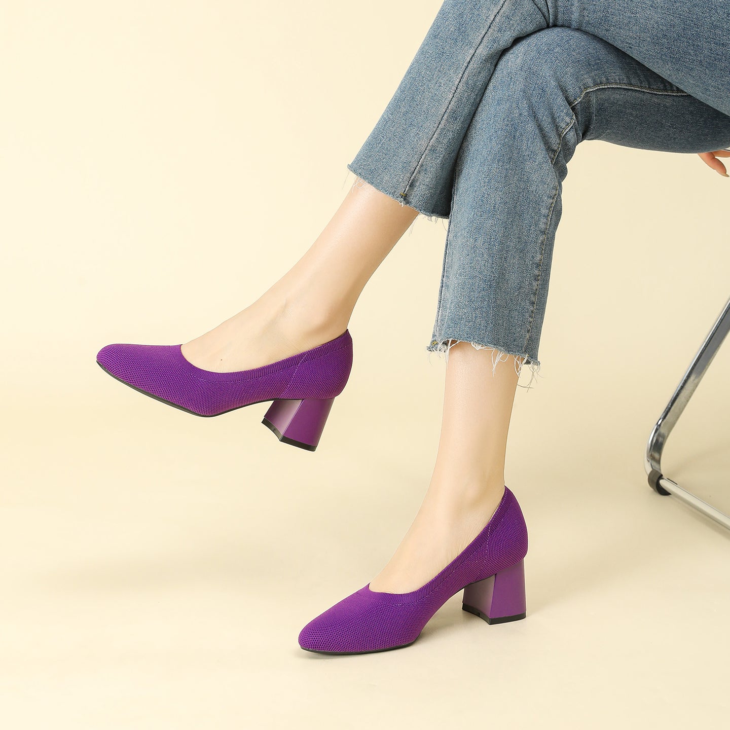 浅口ニットパンプス 5.5cmチャンキーヒール