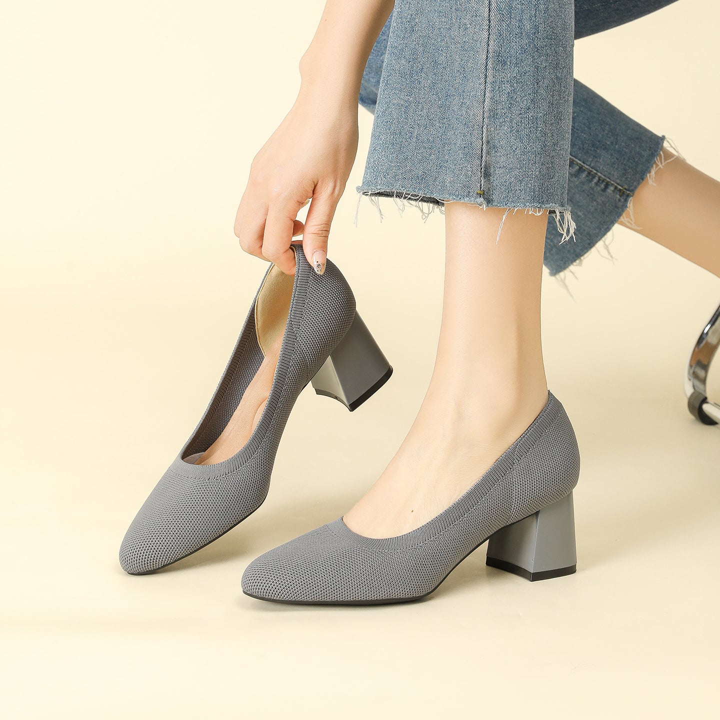 浅口ニットパンプス 5.5cmチャンキーヒール