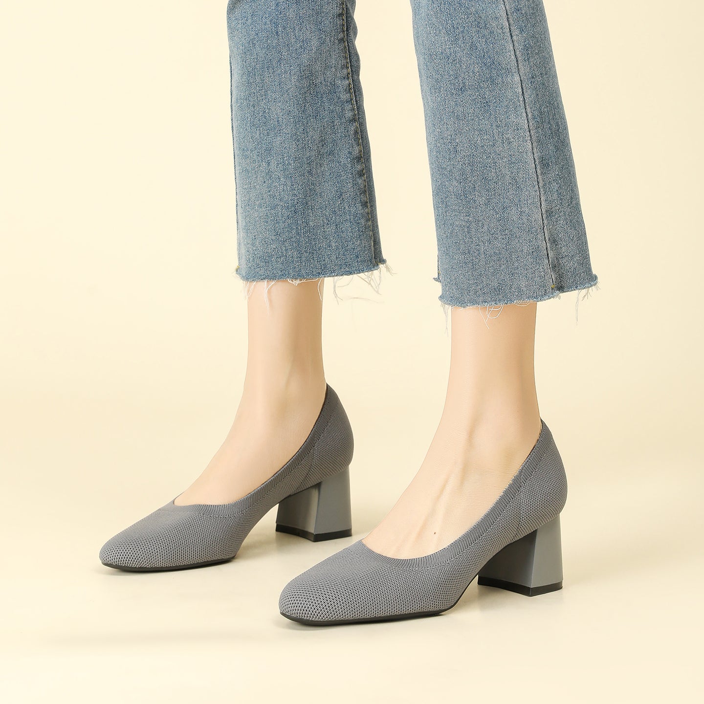 浅口ニットパンプス 5.5cmチャンキーヒール