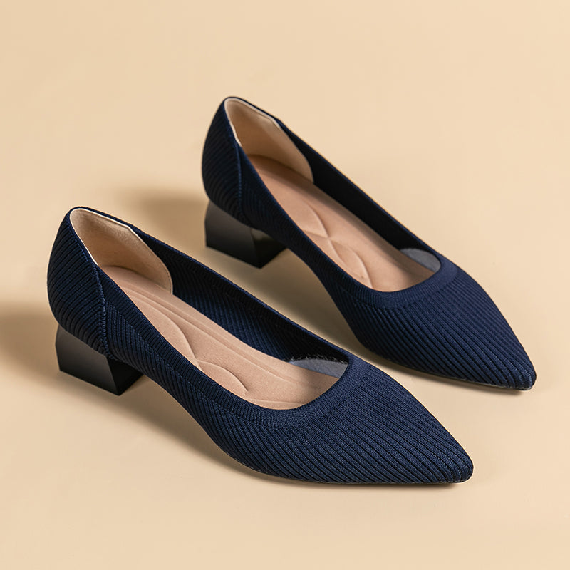 尖ったトゥの浅口粗ヒールカジュアルパンプス(中ヒール4cm)