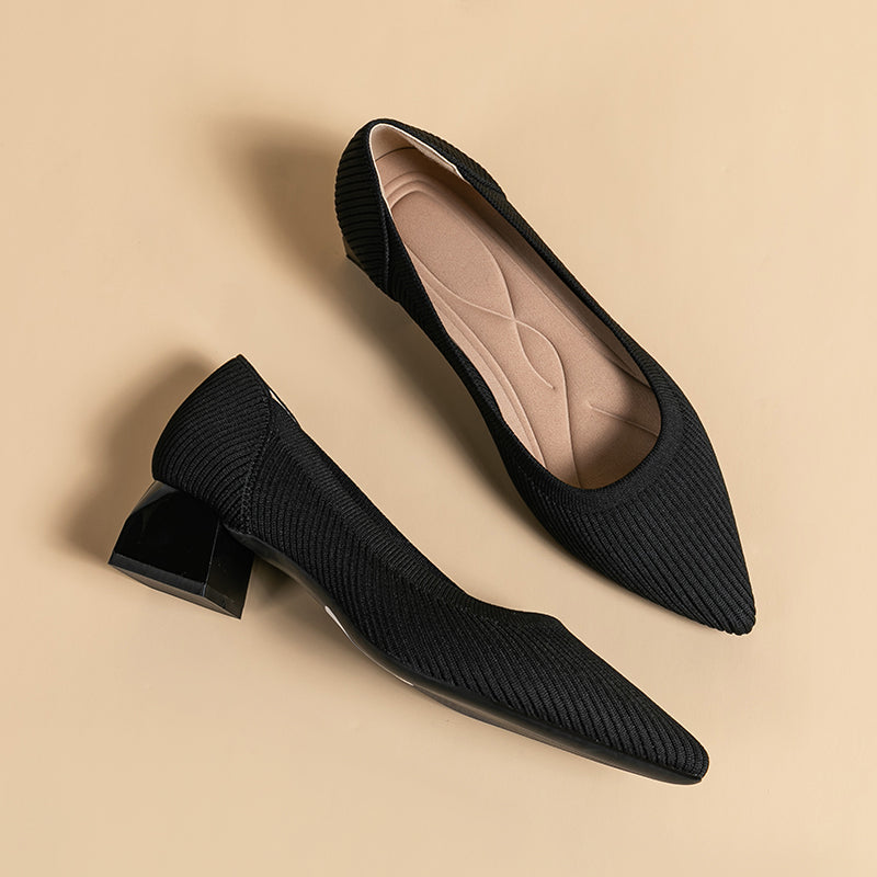 尖ったトゥの浅口粗ヒールカジュアルパンプス(中ヒール4cm)