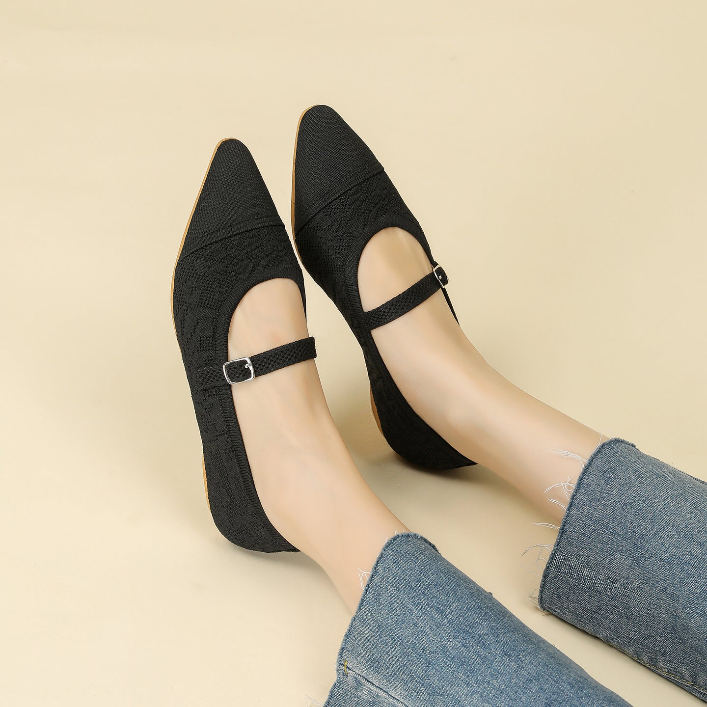 レトロニットフラットパンプス 尖頭浅口ワンストラップ