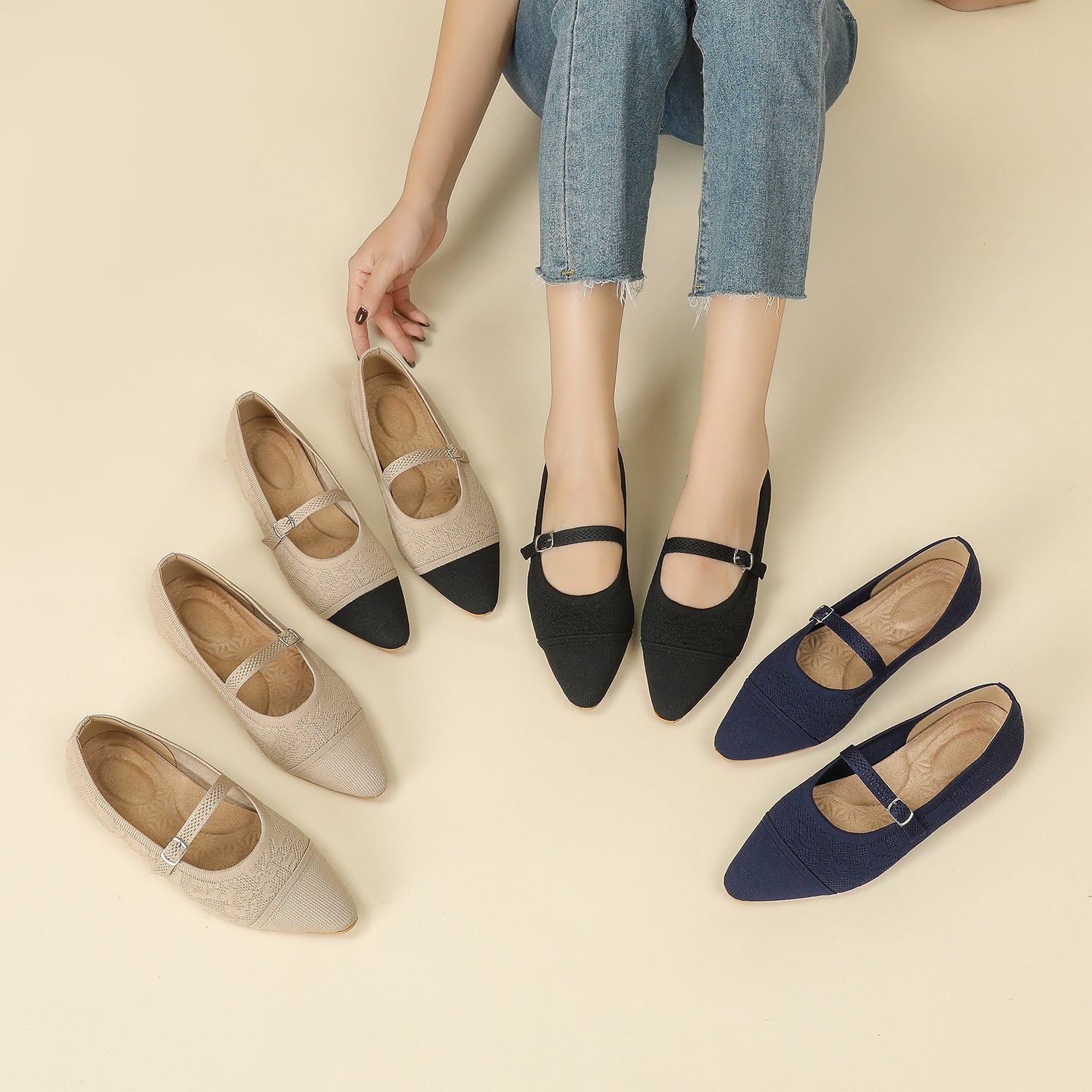 レトロニットフラットパンプス 尖頭浅口ワンストラップ