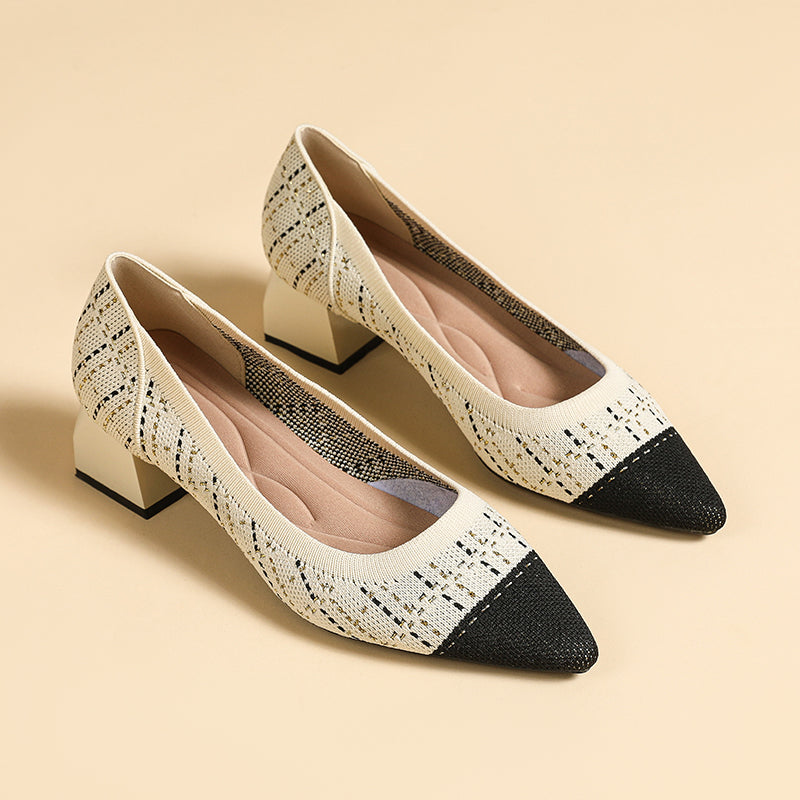 尖ったトゥの浅口粗ヒールカジュアルパンプス(中ヒール4cm)