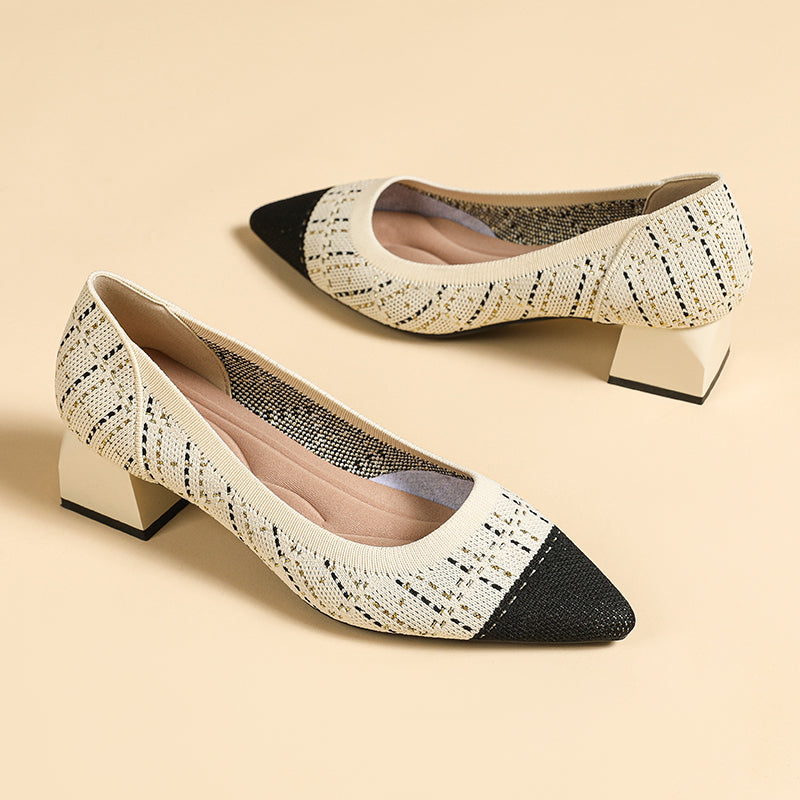 尖ったトゥの浅口粗ヒールカジュアルパンプス(中ヒール4cm)