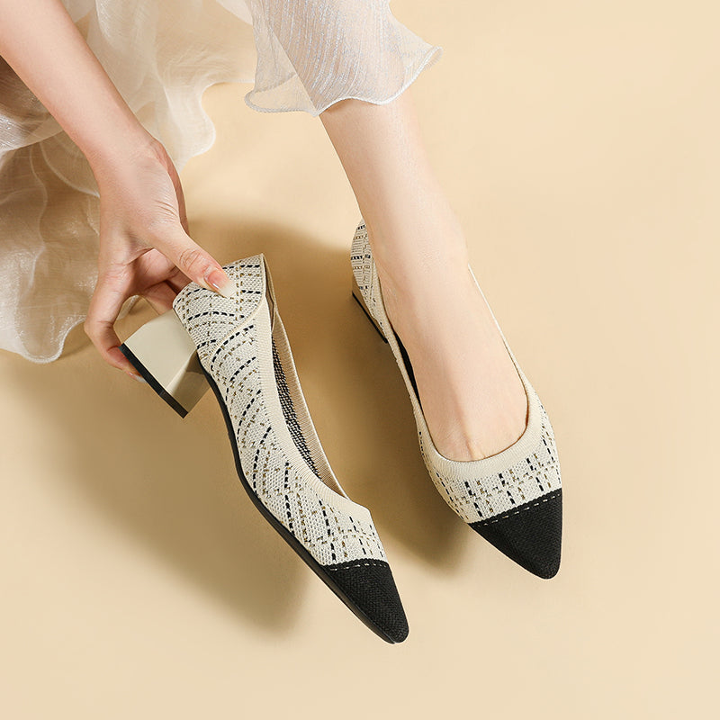 尖ったトゥの浅口粗ヒールカジュアルパンプス(中ヒール4cm)