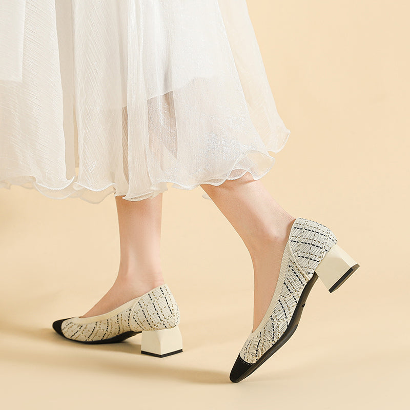 尖ったトゥの浅口粗ヒールカジュアルパンプス(中ヒール4cm)